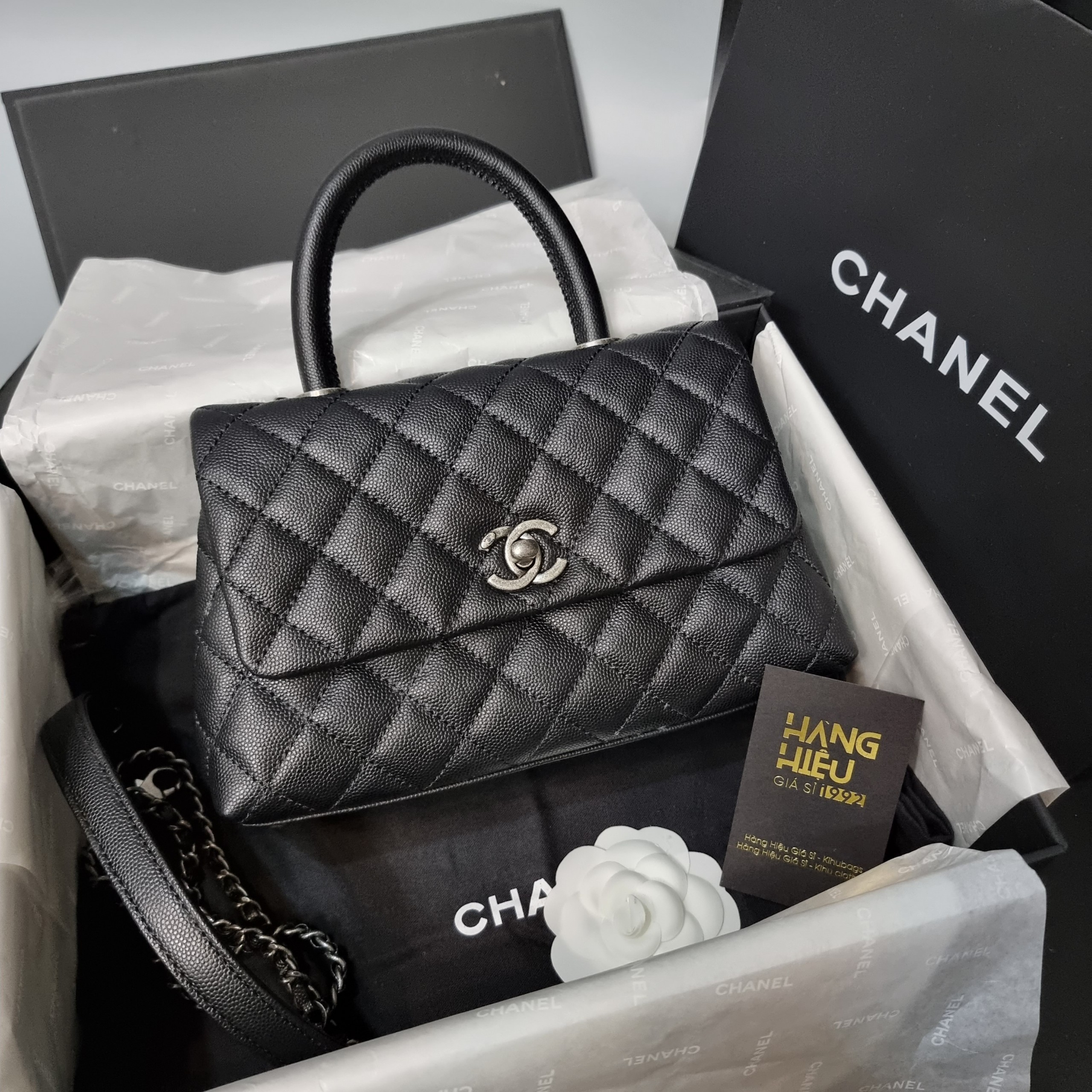 Chanel Mini Flap Bag with Top Handle Black Crumpled Lambskin Aged Gold   Coco Approved Studio