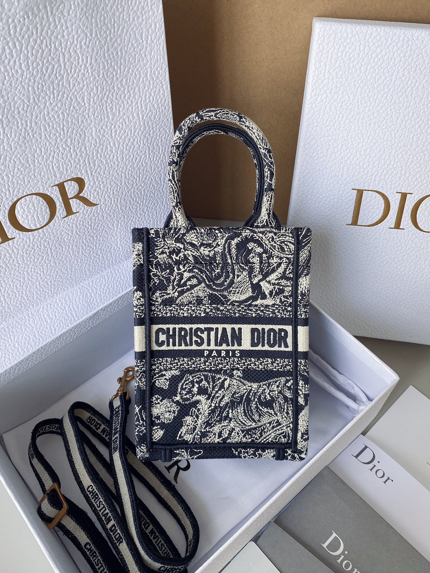 CHRISTIAN DIOR Navy Dior Oblique Embroidery Mini Dior Book Tote Phone Bag